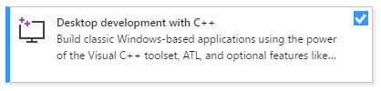 Skärmbild av Visual Studio Installer, Desktop-utveckling med C++-arbetsbelastning.