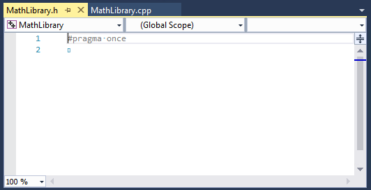 Skärmbild av den tomma filen MathLibrary.h i redigeraren.
