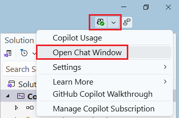 Skärmbild av listrutan för GitHub-ikonen. Öppna chattfönstret är valt.
