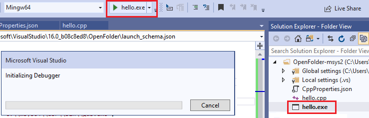 Listrutan Felsökningsmål i verktygsfältet visar den gröna pilen för att starta felsökningsprogrammet.