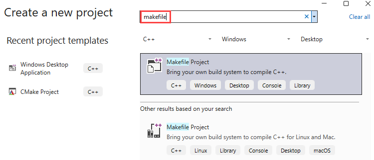 Skärmbild av dialogrutan Skapa ett nytt projekt. Textrutan Skapa ett nytt projekttextfält innehåller text: makefile.