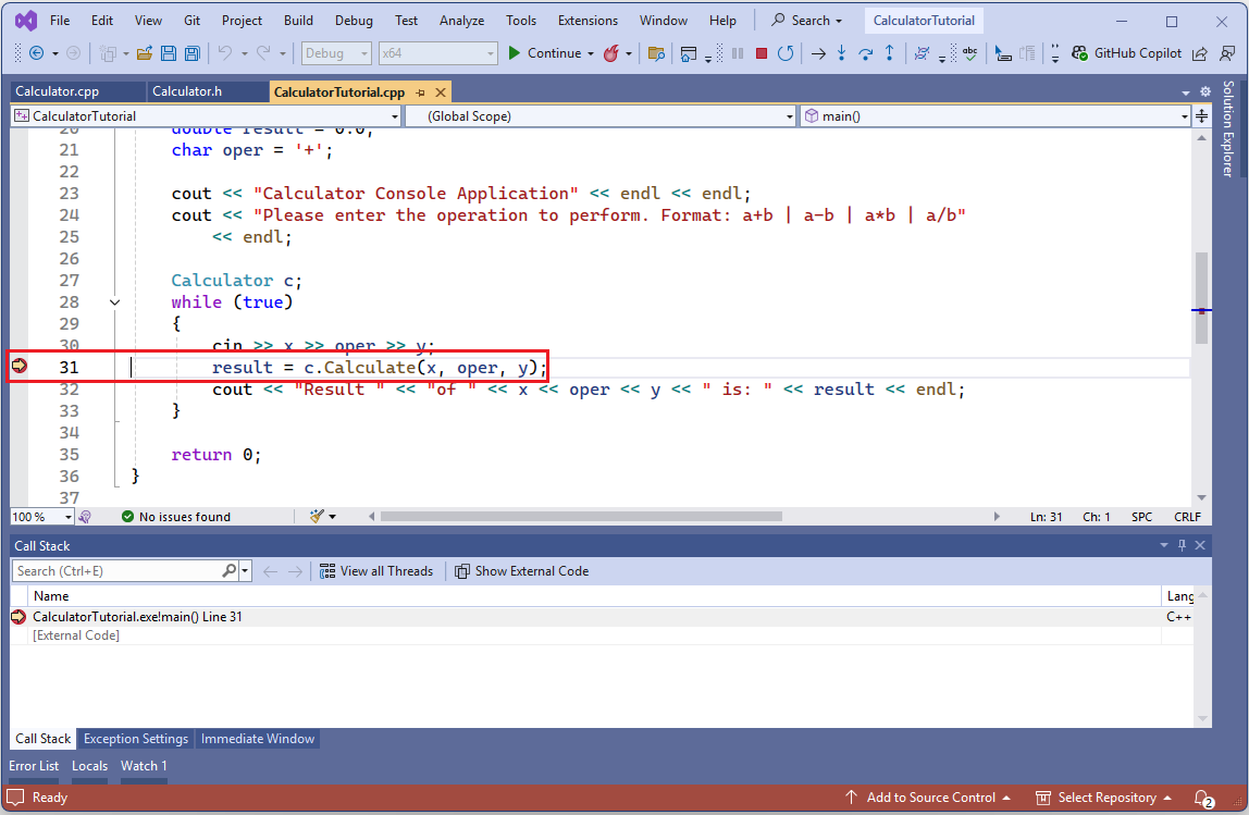 Skärmbild av Visual Studio-redigeraren. Programkörningen stoppades vid den villkorliga brytpunkten på raden: result = c.Calculate(x, oper, y);.