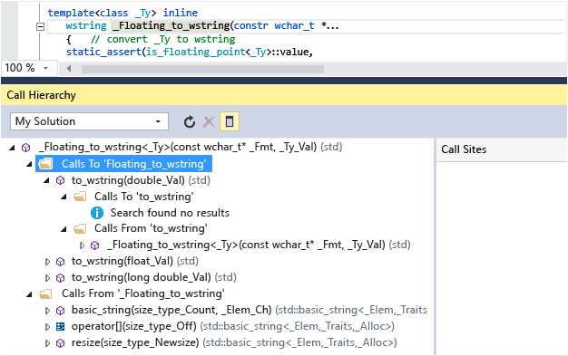 Skärmbild av fönstret Samtalshierarki som visar anrop till och från Floating_to_wstring(). Till exempel anropar to_wstring() Floating_to_wstring().