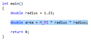 Skärmbild som visar följande kod som är markerad prepartory för att extraheras: double area = M_PI * readious * radious;.