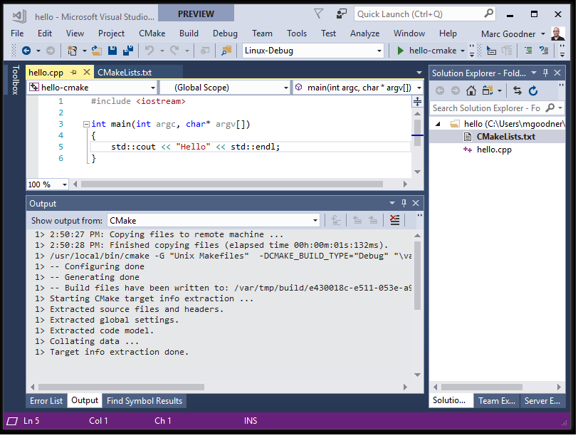 Skärmbild av Visual Studio som visar utdata från Generera CMake-cache i Linux.