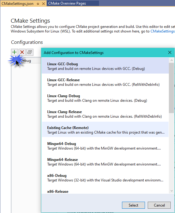 Dialogrutan CMake-inställningar med plusknappen markerad som lägger till den valda konfigurationen, som är Linux-GCC-debug.