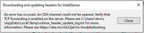 Skärmbild av ett Visual Studio-felmeddelande om att SSH-kanalen inte kunde öppnas. Sökvägen till en loggfil tillhandahålls.