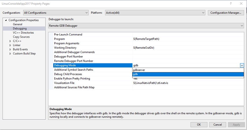 Skärmbild av dialogrutan Egenskapssidor för Linux-konsolapp i Visual Studio 2017 med konfigurationsegenskaper > Felsökning valt och felsökningsläge markerat med G D B markerat i listrutan.