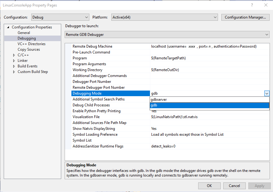 Skärmbild av dialogrutan Egenskapssidor för Visual Studio Linux-konsolapp med Konfigurationsegenskaper > Felsökning valt, och felsökningsläget med GDB markerat i listrutan.