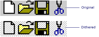 Jämförelse av dithered och ursprungliga ikonversioner.