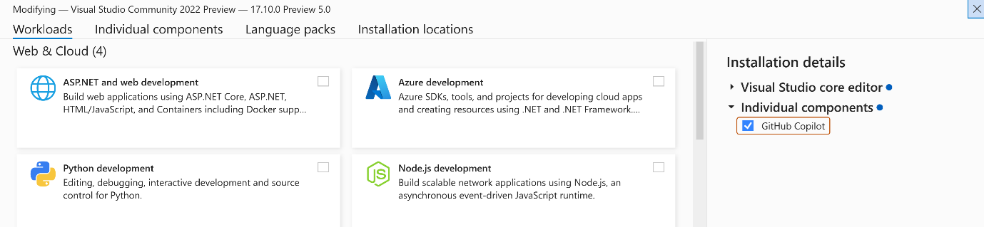 Skärmbild av installationsalternativet GitHub Copilot för Visual Studio Installer.