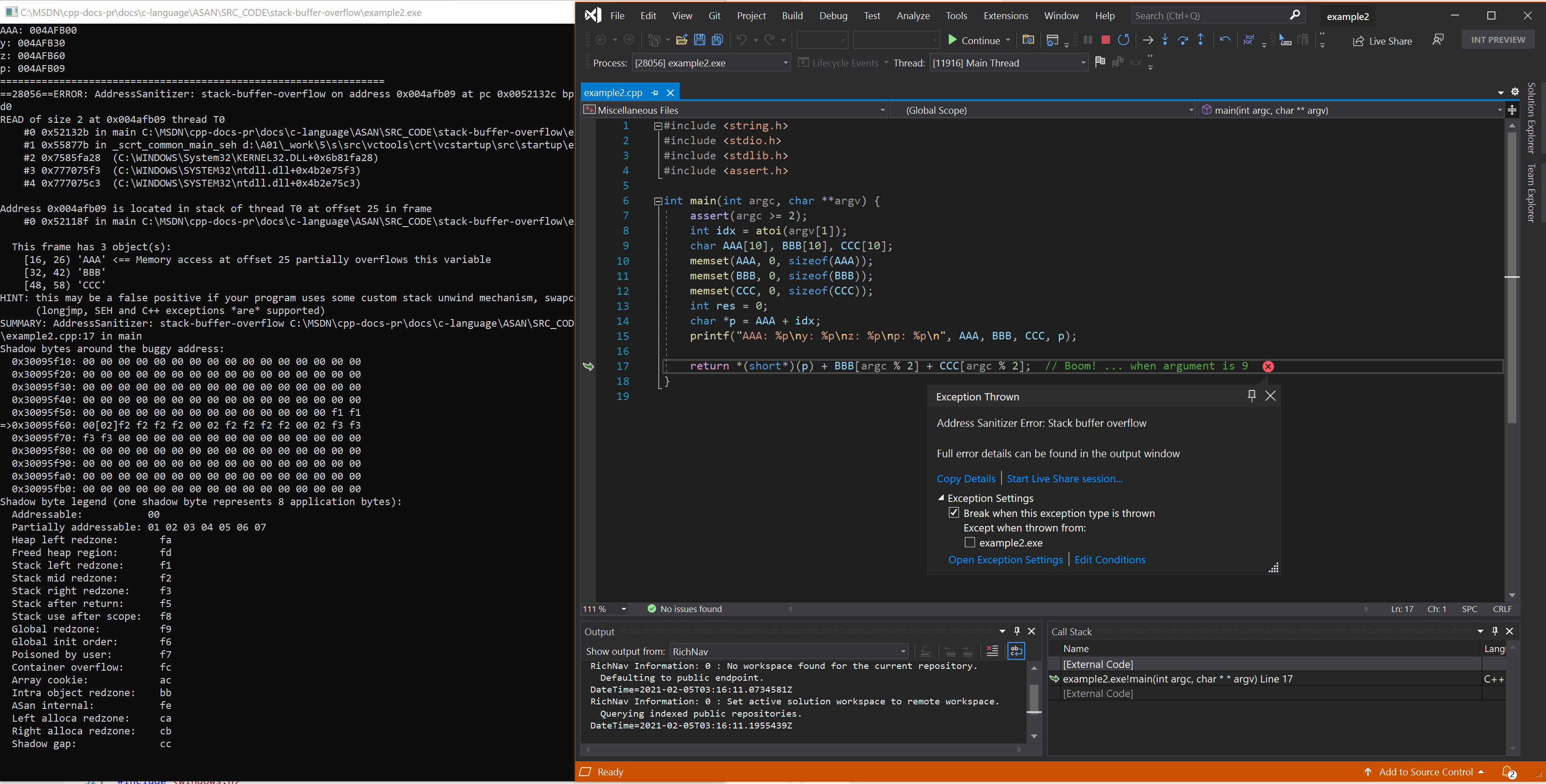 Skärmbild av felsökningsprogrammet som visar stack-buffer-overflow-fel i exempel 2.