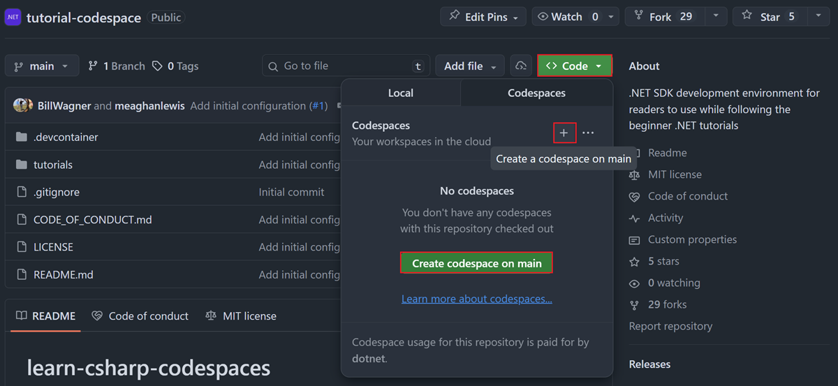 Skapa ett nytt Codespace från tutorial-repositoriet