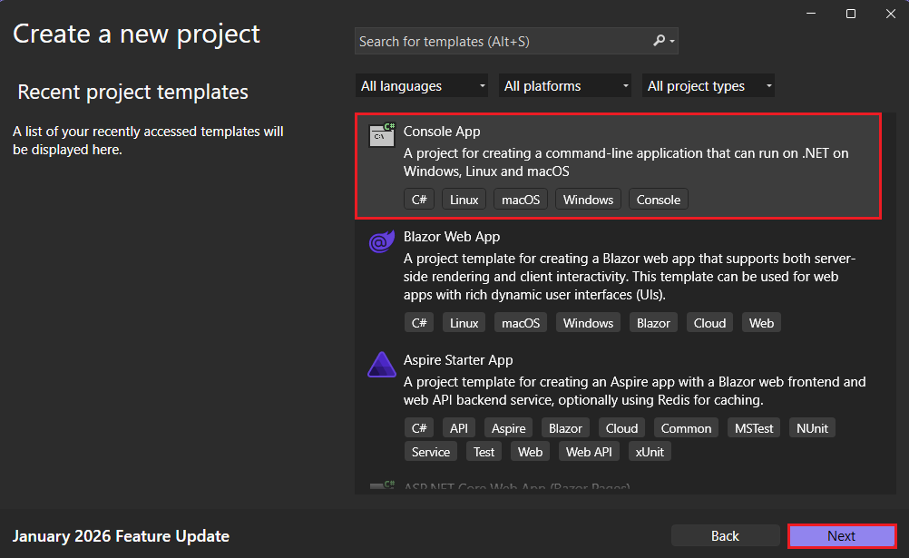 Skapa ett nytt projektfönster med filter markerade
