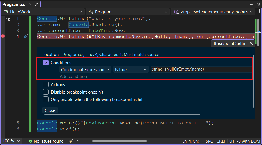 Redigeraren visar panelen för brytpunktsinställningar – C#