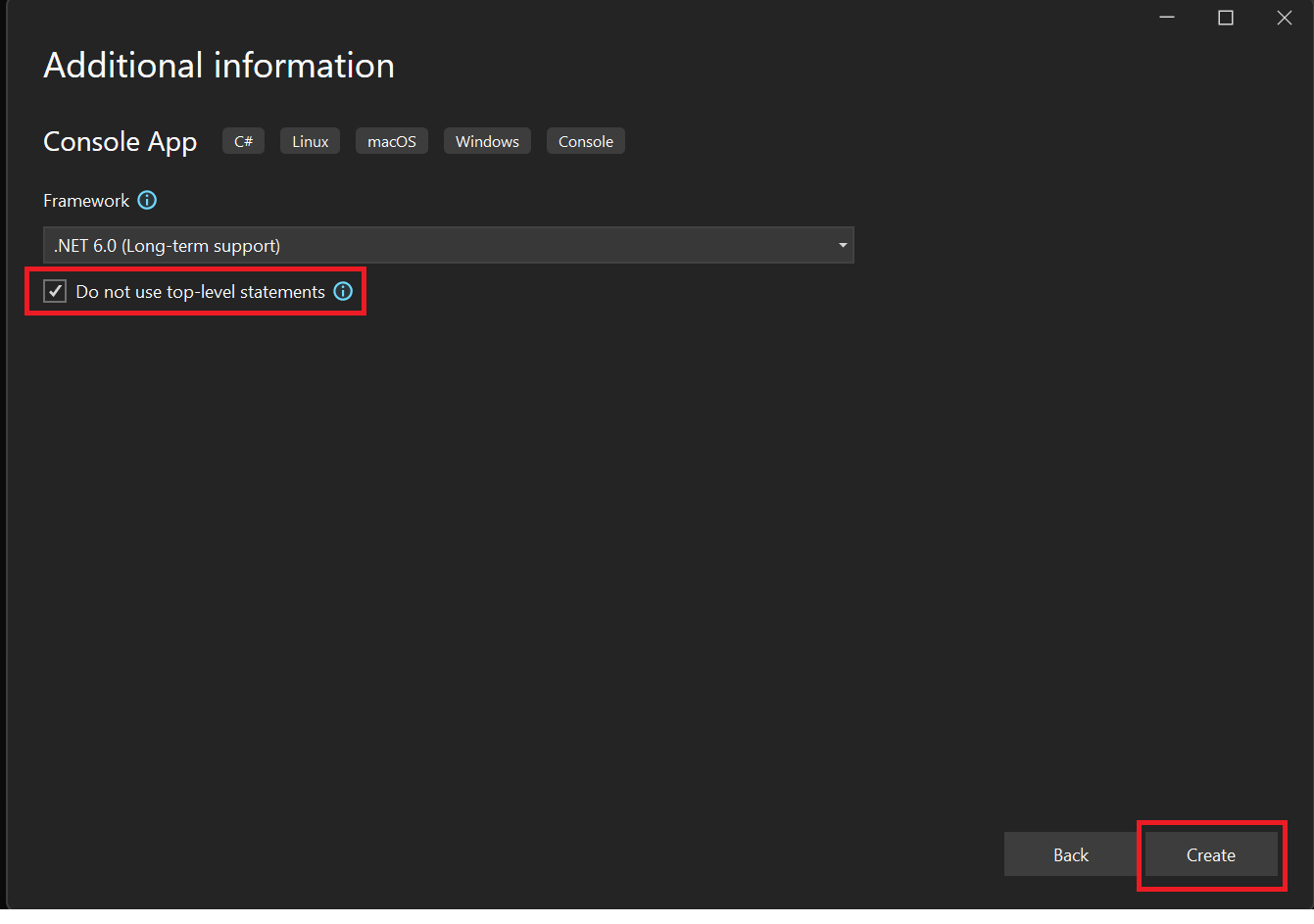 Visual Studio använd inte kryssrutan för top-level statements