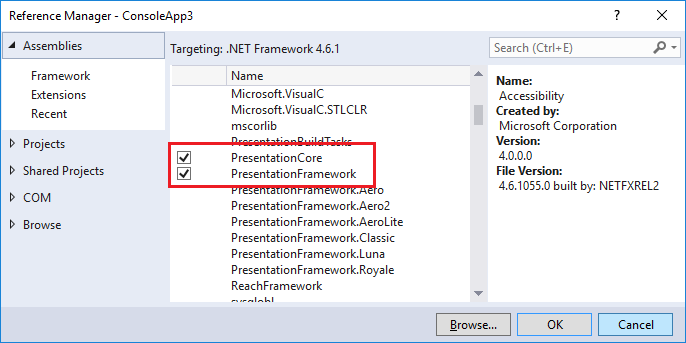 Referenshanterare som visar PresentationCore och PresentationFramework