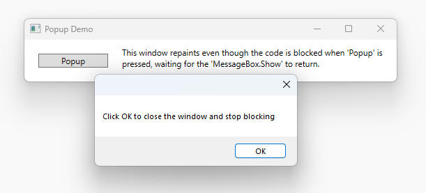Skärmbild som visar en MessageBox med en OK-knapp