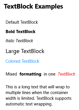 Skärmbild av en WPF-app som visar olika TextBlock-format.