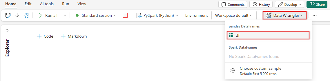 Skärmbild som visar hur du startar Data Wrangler från en anteckningsbok.