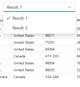 Skärmbild från Fabric-portalen i SQL-frågeredigeraren som visar flera resultatuppsättningar i listrutan.