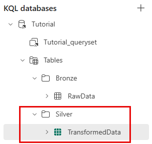 Skärmbild av undermappen Silver som innehåller tabellen TransformData.