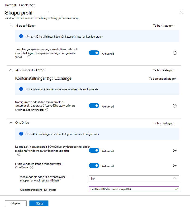 Skärmbild som visar ett exempel på en katalogprofil för inställningar i Microsoft Intune.