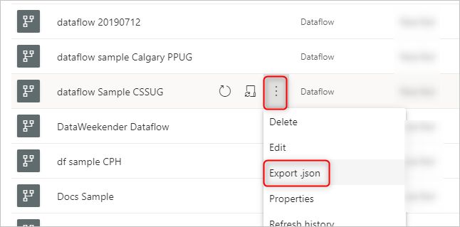 Skärmbild av en dataflödeslista som visar hur du exporterar model.json-filen från ett dataflöde.