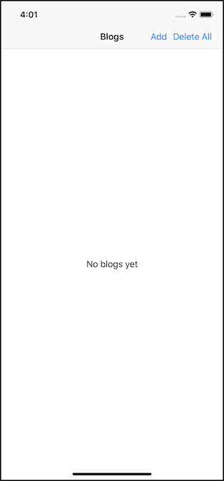 Skärmbild av appen med alla bloggar borttagna