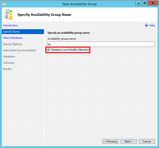 Kryssrutan AlwaysOn Enable Database Health (Aktivera databashälsa)