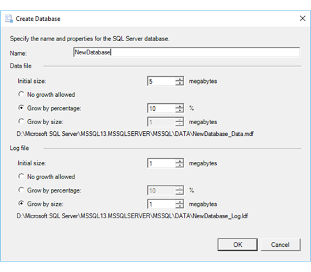 Sidan Skapa databas i guiden Importera och exportera
