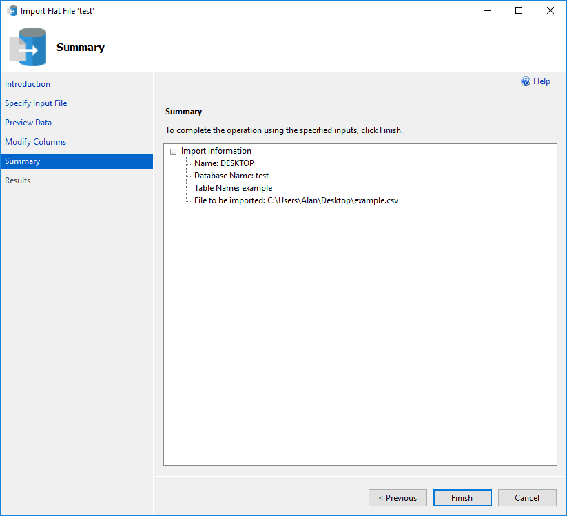 Skärmbild av sammanfattningsmenyn för Flatfilimportören.