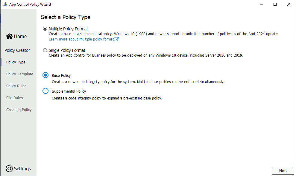 Skärmbild av WDAC-skärmen Välj policystyp.