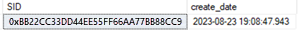 Skärmbild av SQL Server Management Studio-frågeutdata (SSMS) för programmets SID.