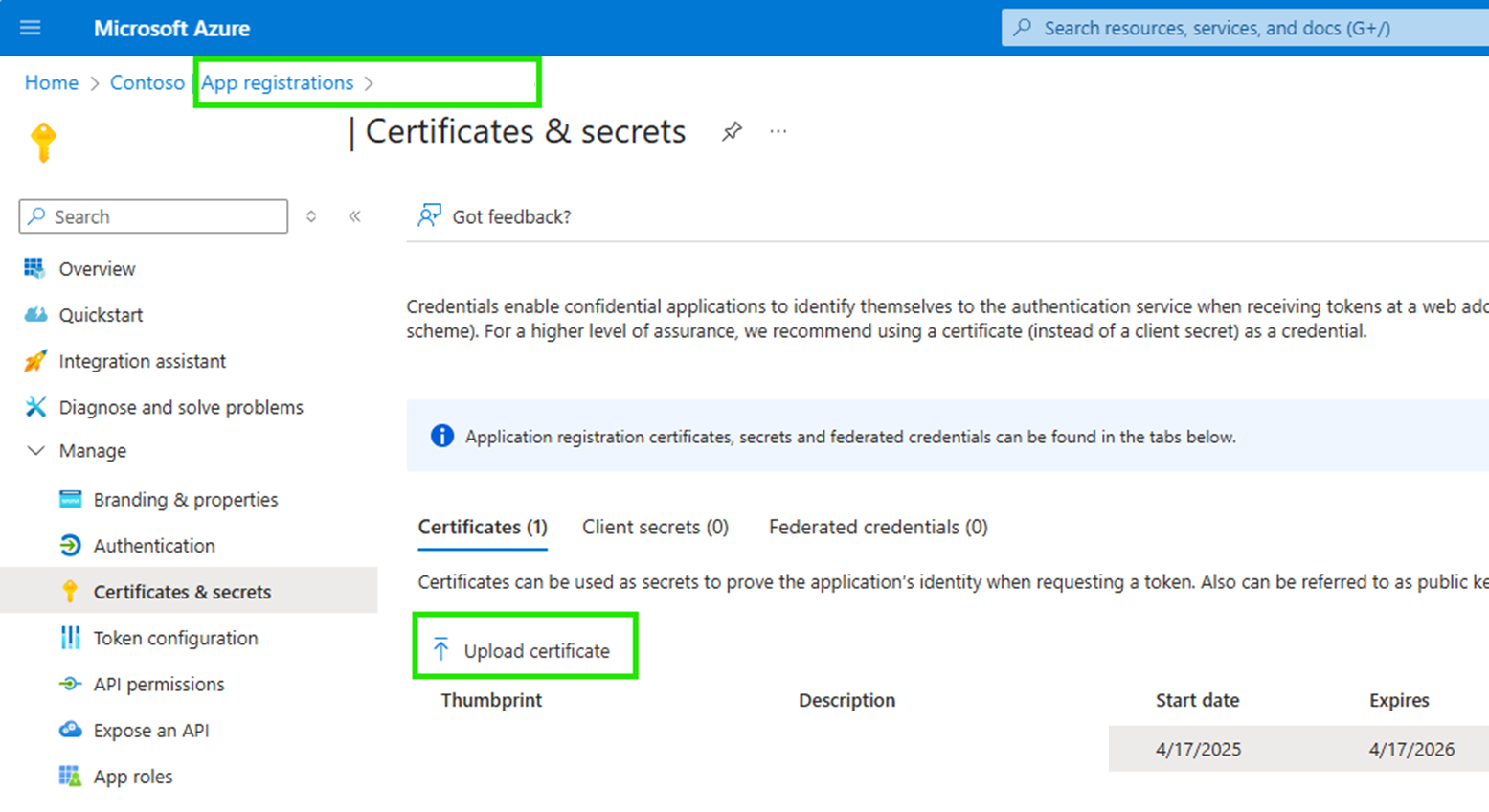 Skärmbild som laddar upp ett certifikat för programmet i Azure-portalen.