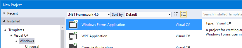 Skärmbild av Visual Studio som markerar ett nytt Windows Forms-program.