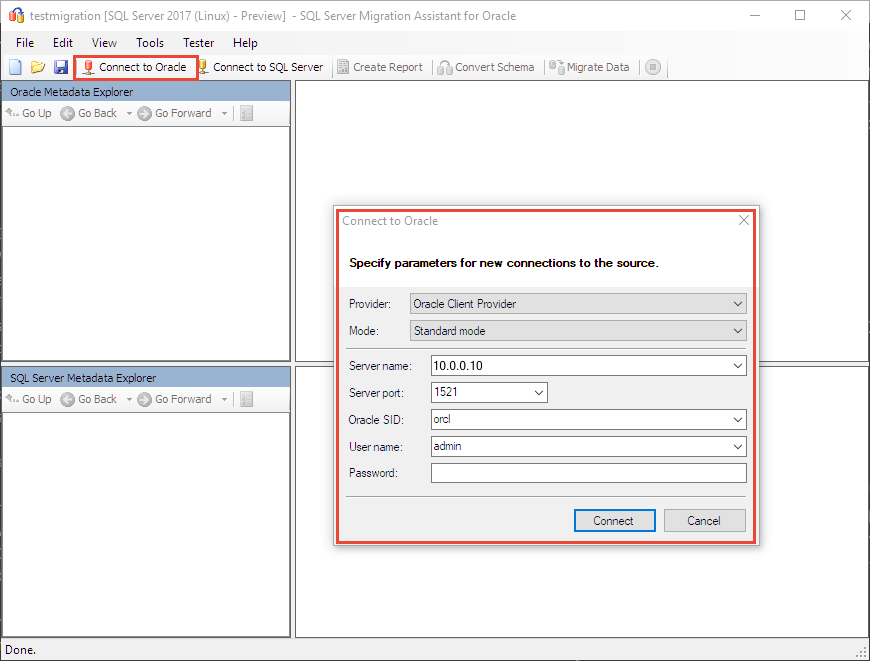 Skärmbild som visar hur du ansluter till Oracle.