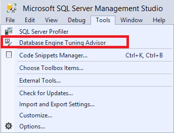 Skärmbild av start av DTA från SSMS.