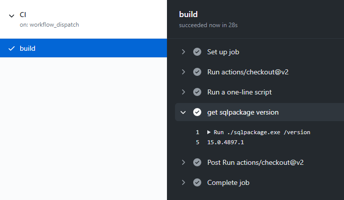GitHub-åtgärdsutdata som visar versionsnummer 15.0.4897.1