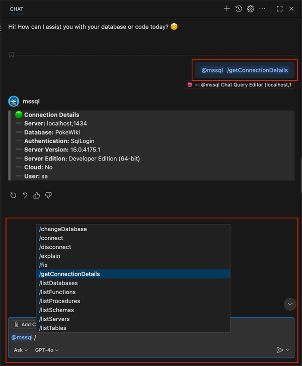 Skärmbild av att använda ett snedstreckskommandoexempel i GitHub Copilot-chatten.