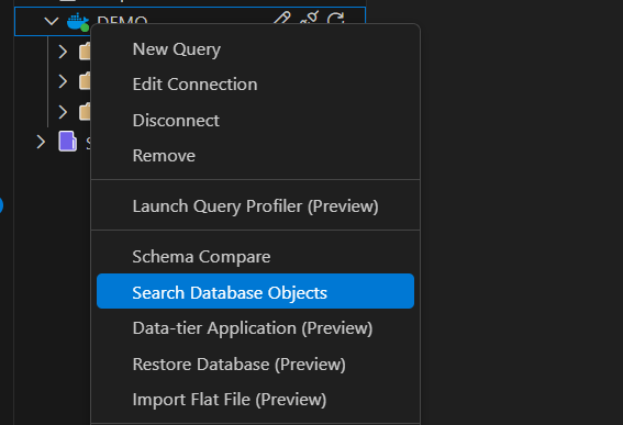 Skärmbild av alternativet Sök databasobjekt på snabbmenyn i Object Explorer.