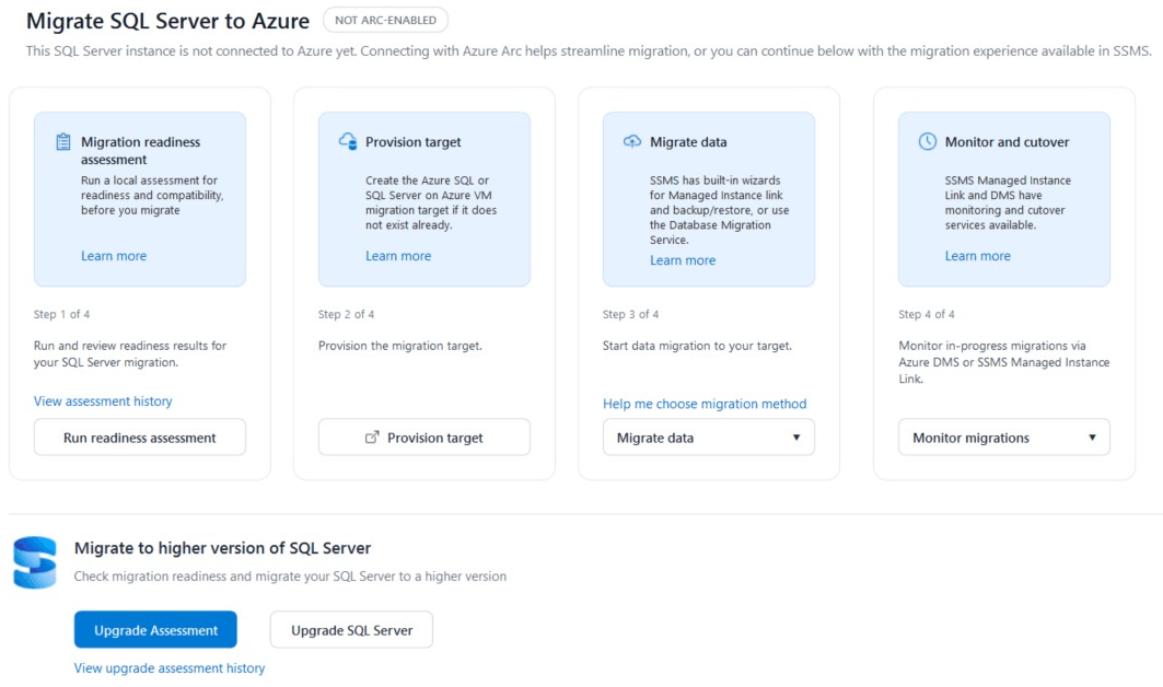 Skärmbild på fliken Migrering som visar migreringsalternativ för fristående SQL Server instances.