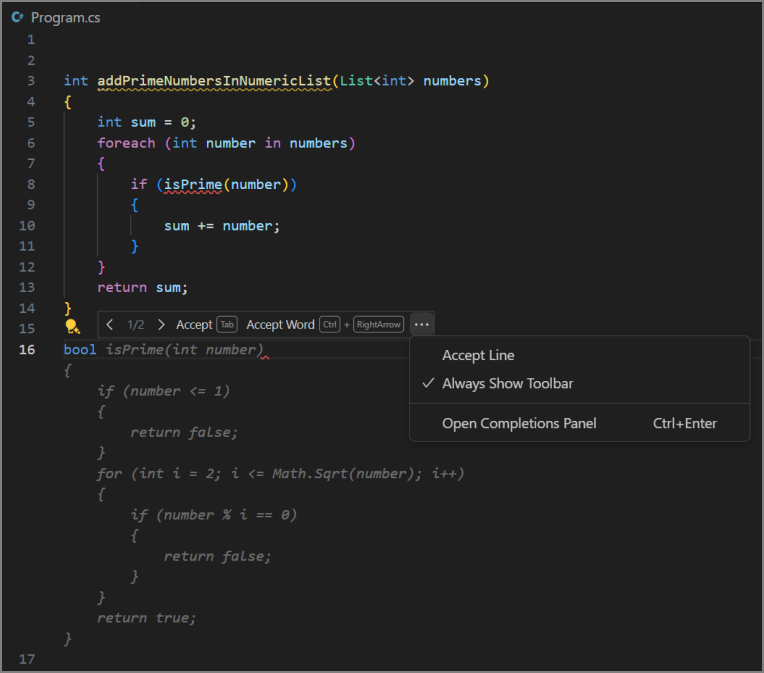 Skärmbild som visar de ytterligare verktygsfältsalternativen för förslag på automatisk komplettering.