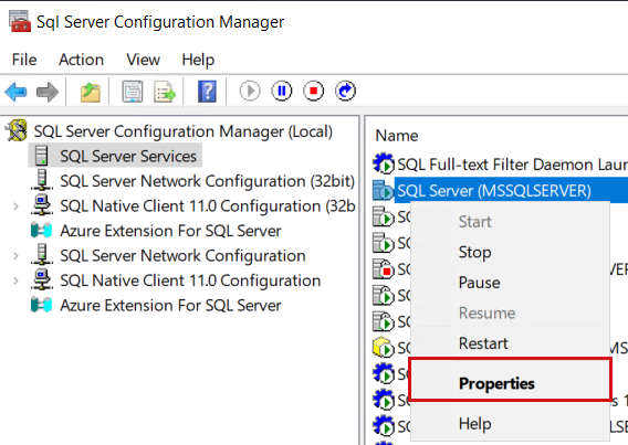 Skärmbild av sql Server-tjänstens snabbmeny med Egenskaper markerade.