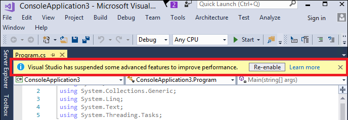 Skärmbild som visar aviseringsvarningen om att Visual Studio minimerar analysomfånget.