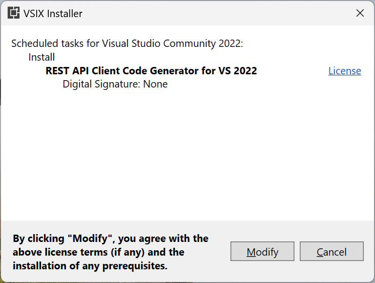 Skärmbild som visar dialogrutan VSIX Installer.