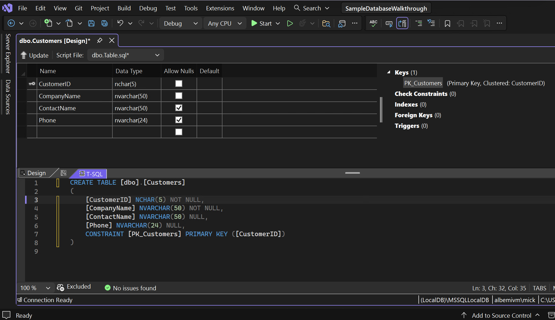 Skärmbild som visar tabelldesignern.