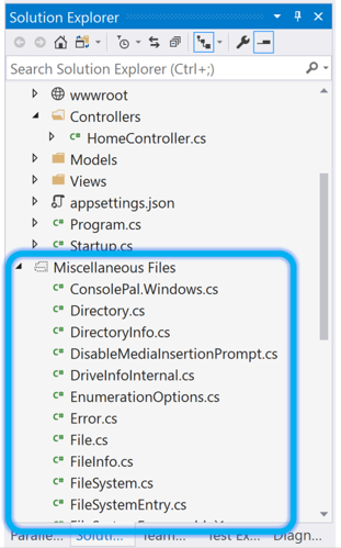 Skärmbild av Solution Explorer med diverse filer.
