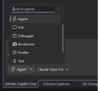 Screenshot som visar agentväljaren med anpassade agenter i Visual Studio.