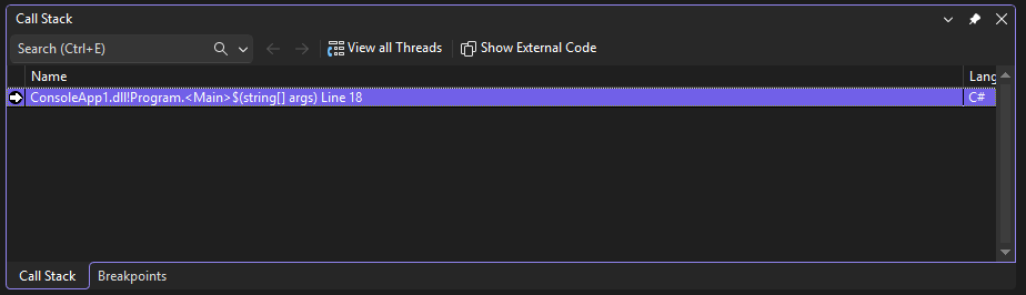 Skärmbild som visar fönstret Anropsstack.